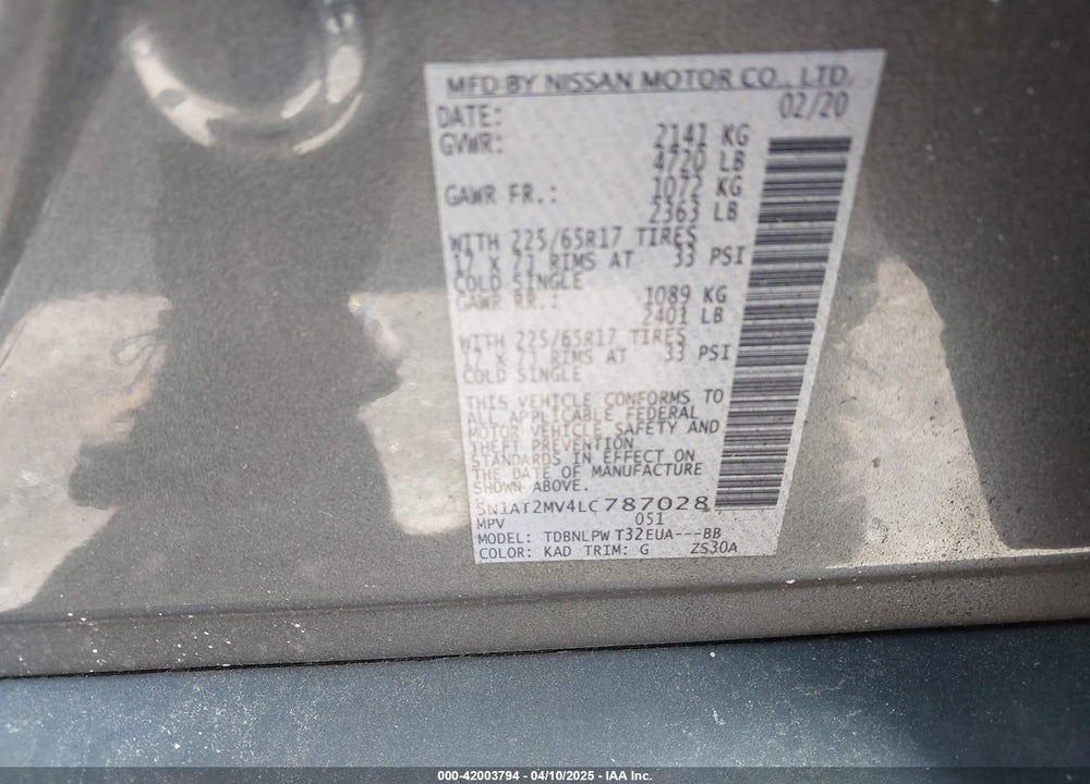 2020 NISSAN ROGUE S INTELLIGENT AWD VIN: 5N1AT2MV4LC787028