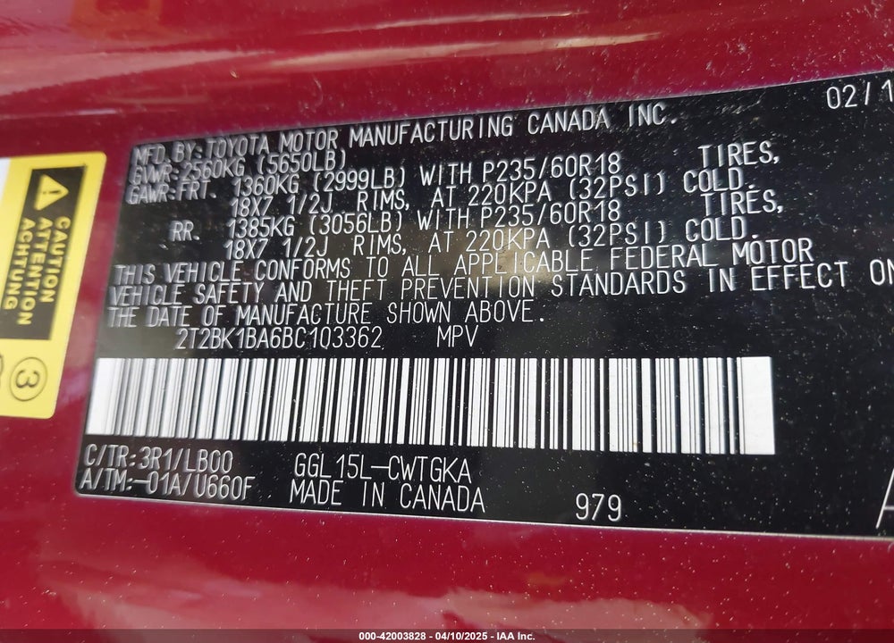 2011 LEXUS RX 350 VIN: 2T2BK1BA6BC103362