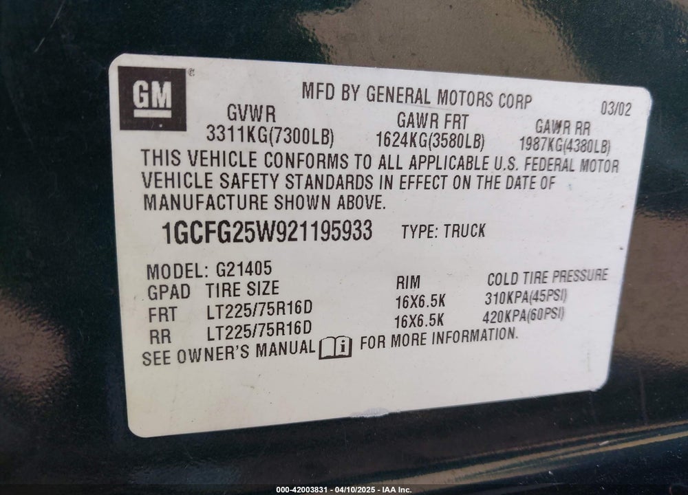 2002 CHEVROLET EXPRESS VIN: 1GCFG25W921195933