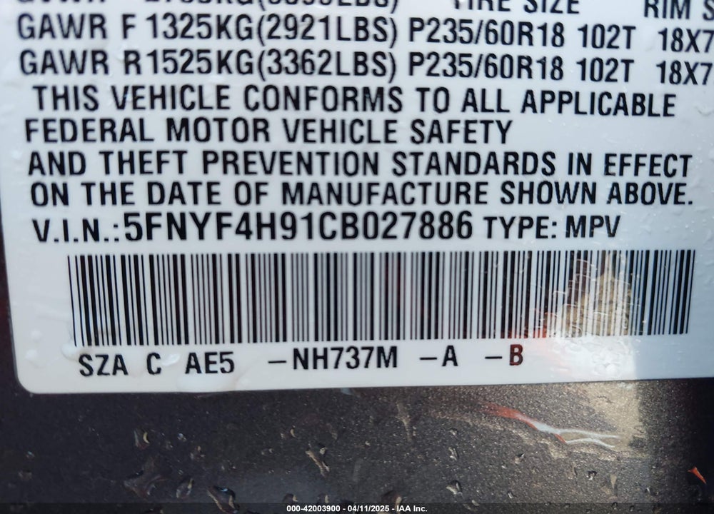 2012 HONDA PILOT TOURING VIN: 5FNYF4H91CB027886