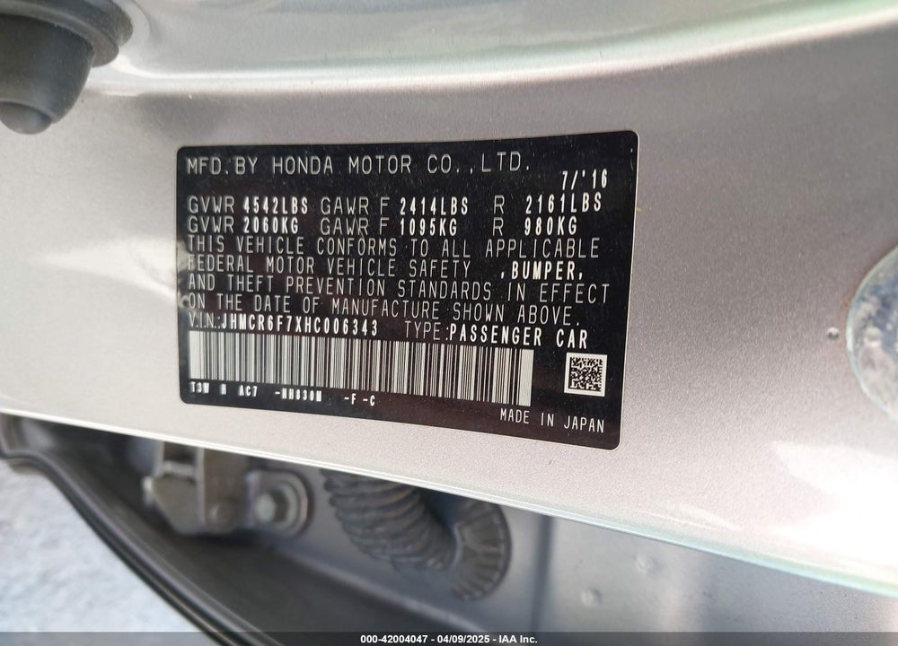 2017 HONDA ACCORD VIN: JHMCR6F7XHC006343