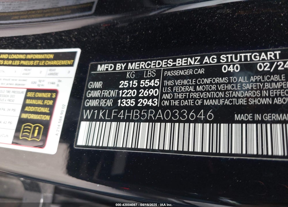2024 MERCEDES-BENZ E 350 VIN: W1KLF4HB5RA033646