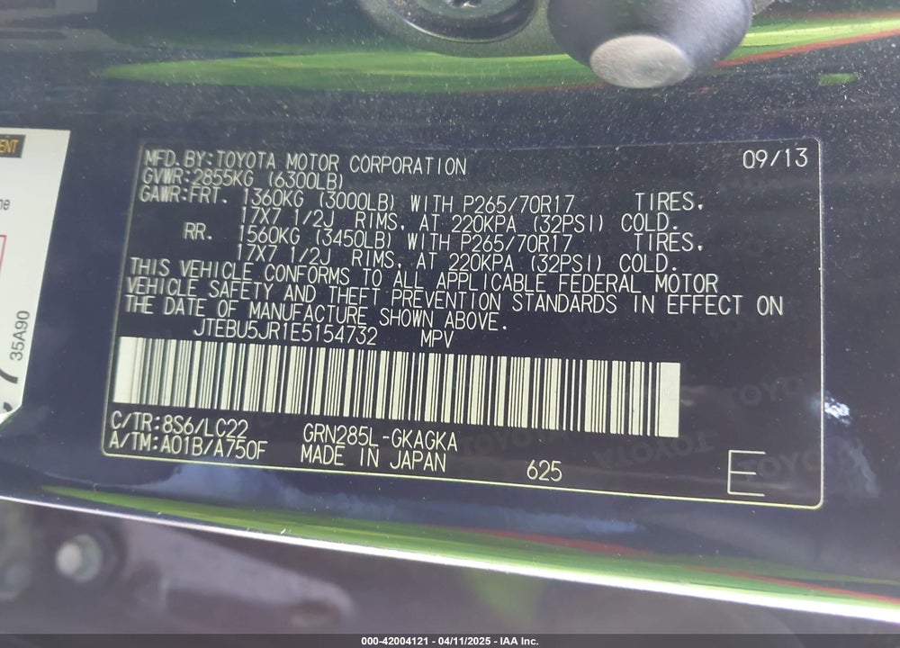 2014 TOYOTA 4RUNNER VIN: JTEBU5JR1E5154732