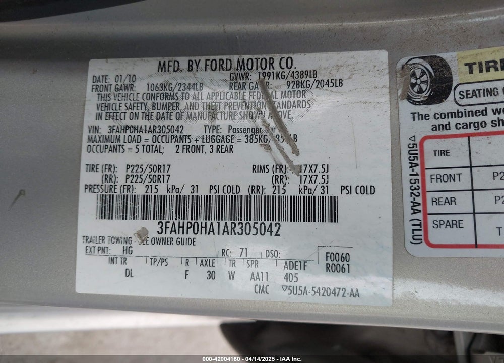 2010 FORD FUSION VIN: 3FAHP0HA1AR305042
