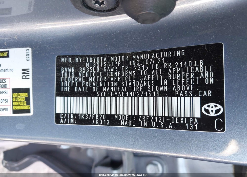 2022 TOYOTA COROLLA VIN: 5YFEPMAE1NP271519