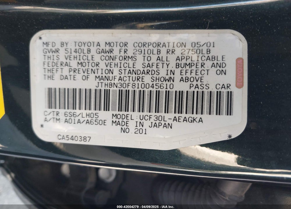 2001 LEXUS LS 430 VIN: JTHBN30F810045610