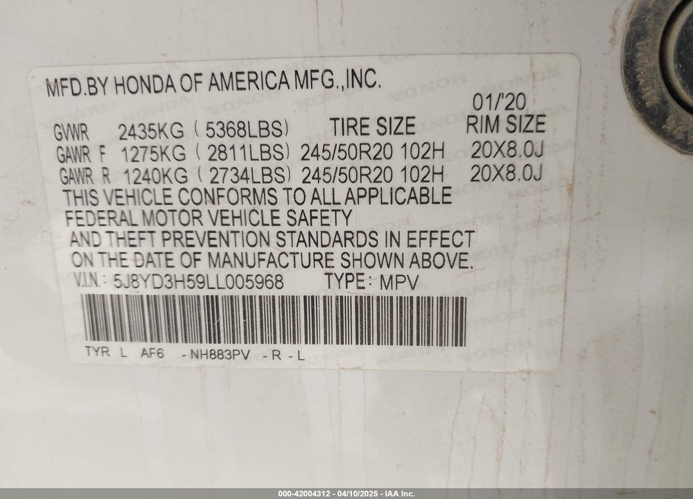 2020 ACURA MDX TECHNOLOGY PACKAGE VIN: 5J8YD3H59LL005968