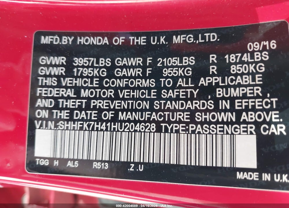 2017 HONDA CIVIC VIN: SHHFK7H41HU204628