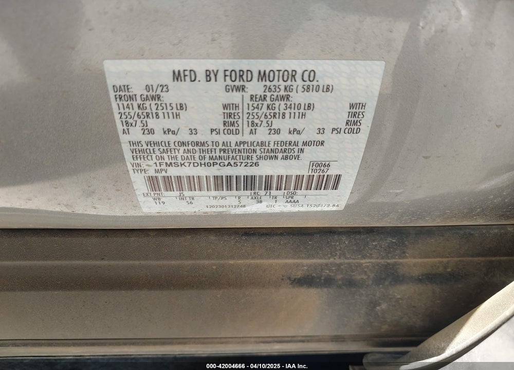 2023 FORD EXPLORER XLT VIN: 1FMSK7DH0PGA57226