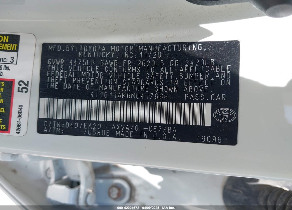 2021 TOYOTA CAMRY VIN: 4T1G11AK6MU417666