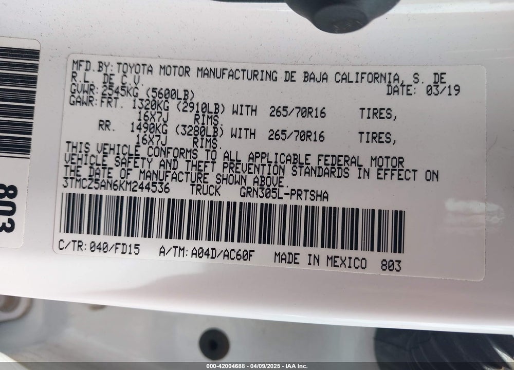 2019 TOYOTA TACOMA TRD SPORT VIN: 3TMCZ5AN6KM244536