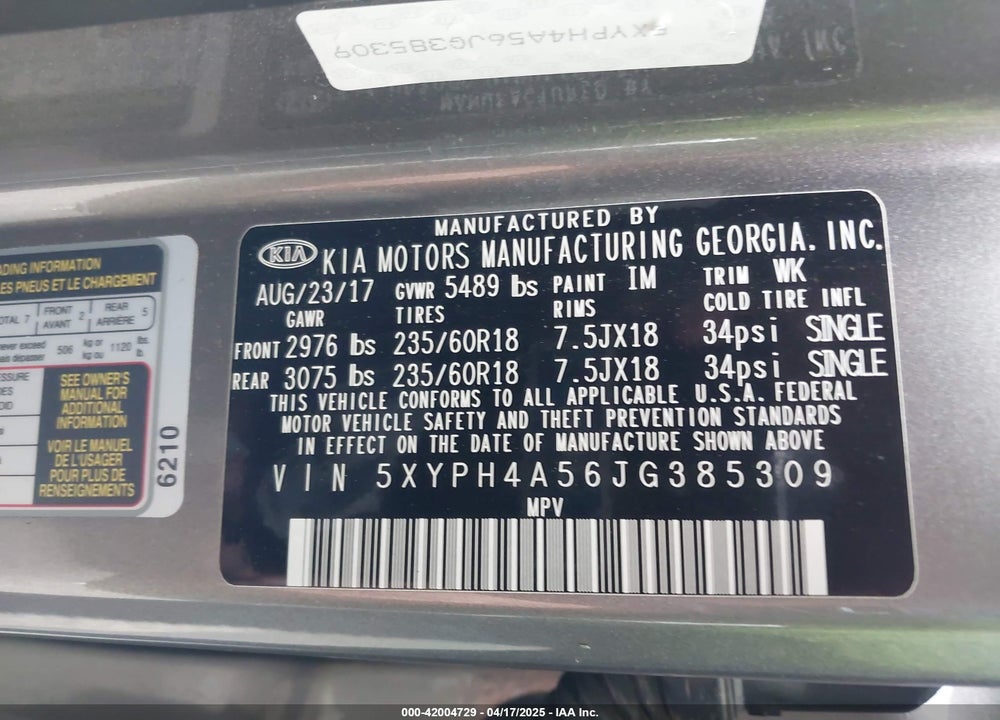 2018 KIA SORENTO VIN: 5XYPH4A56JG385309