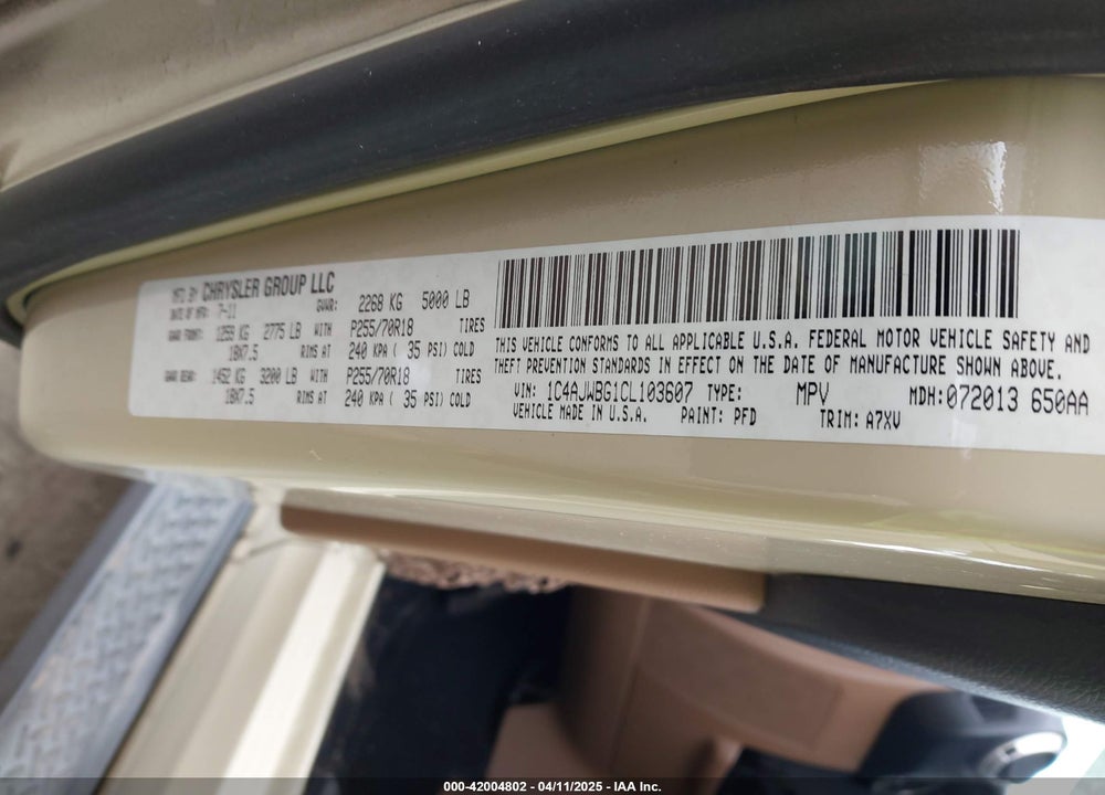 2012 JEEP WRANGLER / VIN: 1C4AJWBG1CL103607