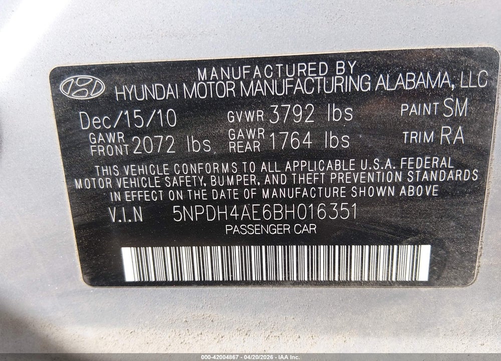 2011 HYUNDAI ELANTRA VIN: 5NPDH4AE6BH016351