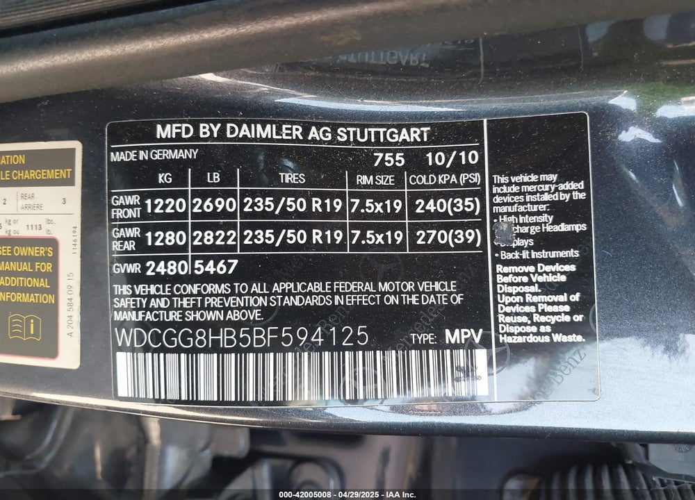 2011 MERCEDES-BENZ GLK-CLASS VIN: WDCGG8HB5BF594125