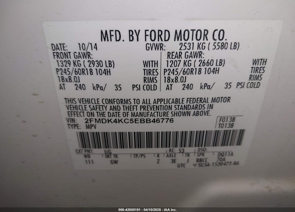 2014 FORD EDGE VIN: 2FMDK4KC5EBB46776