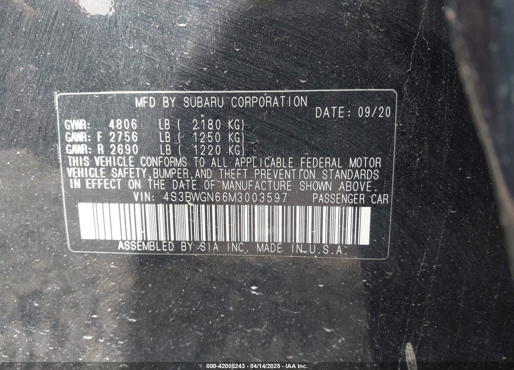 2021 SUBARU LEGACY VIN: 4S3BWGN66M3003597