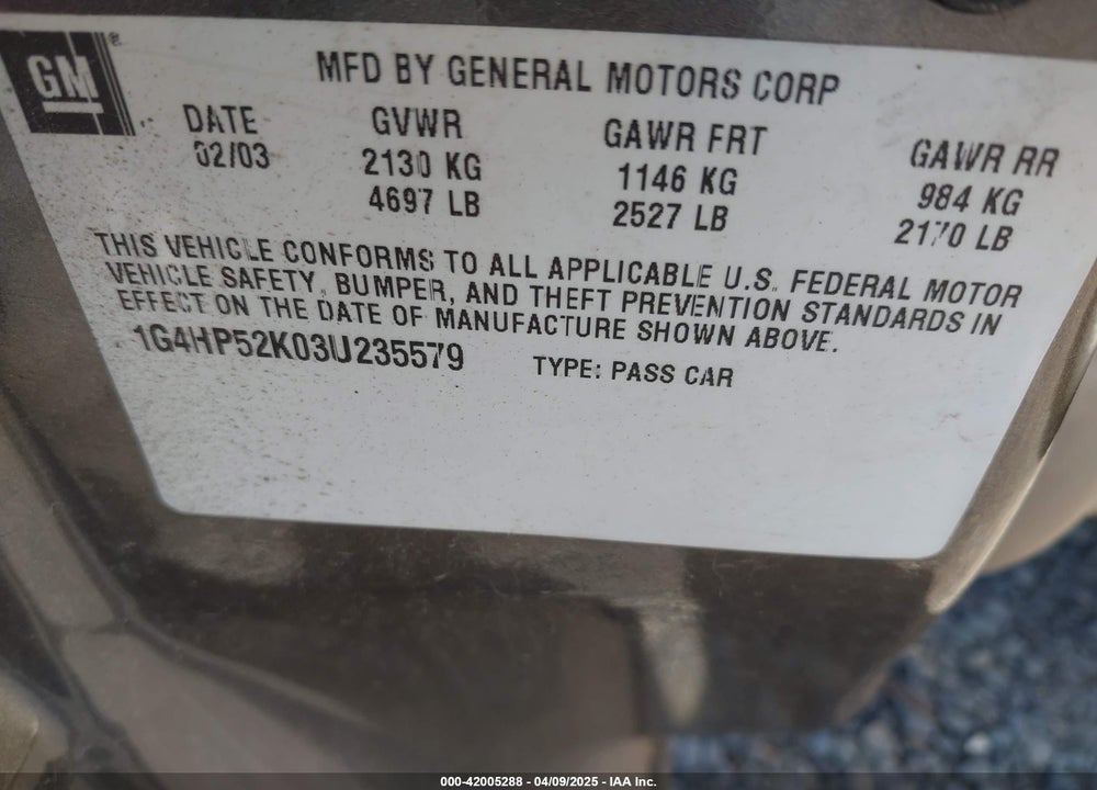 2003 BUICK LESABRE CUSTOM VIN: 1G4HP52K03U235579