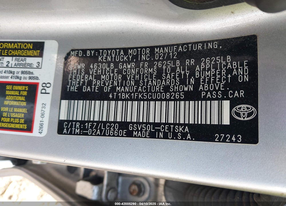 2012 TOYOTA CAMRY VIN: 4T1BK1FK5CU008265
