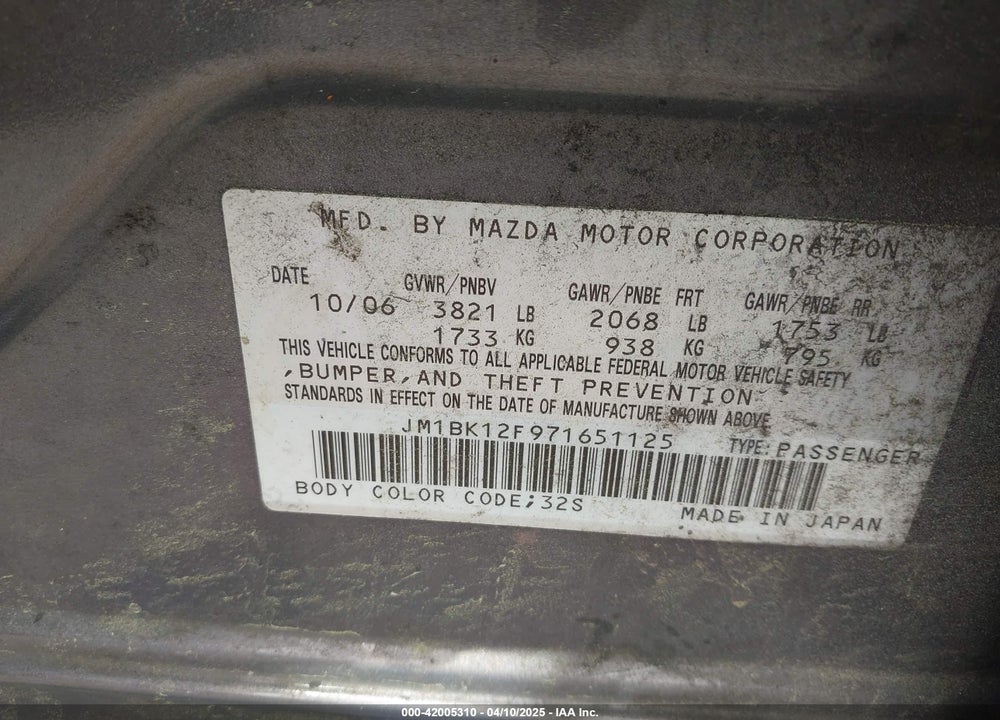 2007 MAZDA 3 I VIN: JM1BK12F971651125