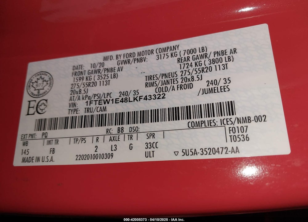 2020 FORD F-150 XLT VIN: 1FTEW1E48LKF43322