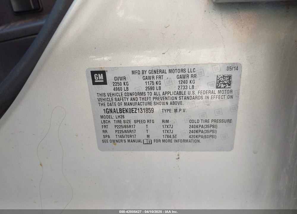 2014 CHEVROLET EQUINOX VIN: 1GNALBEK0EZ131859