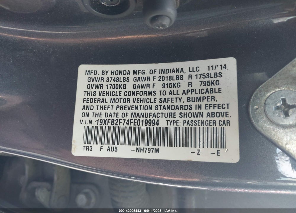 2015 HONDA CIVIC VIN: 19XFB2F74FE019994