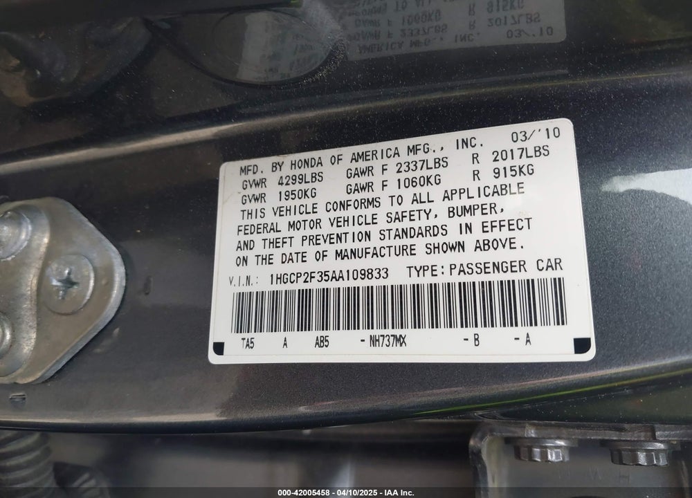 2010 HONDA ACCORD VIN: 1HGCP2F35AA109833
