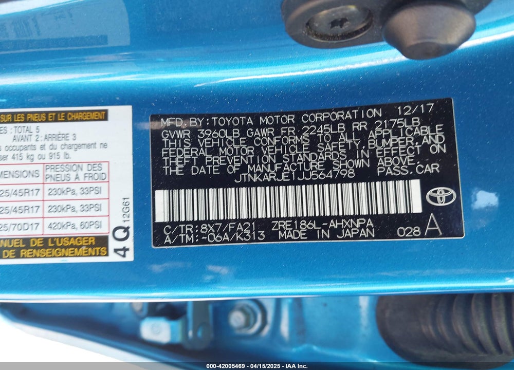 2018 TOYOTA COROLLA IM VIN: JTNKARJE1JJ564798