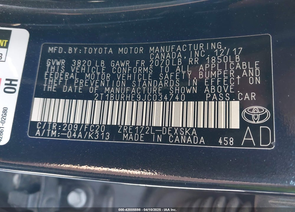 2018 TOYOTA COROLLA SE VIN: 2T1BURHE9JC034740