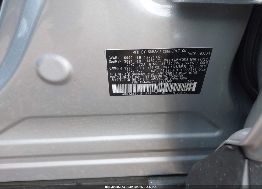 2024 SUBARU ASCENT VIN: 4S4WMAUD0R3424268