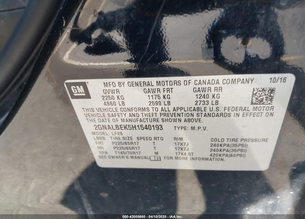 2017 CHEVROLET EQUINOX VIN: 2GNALBEK5H1540193