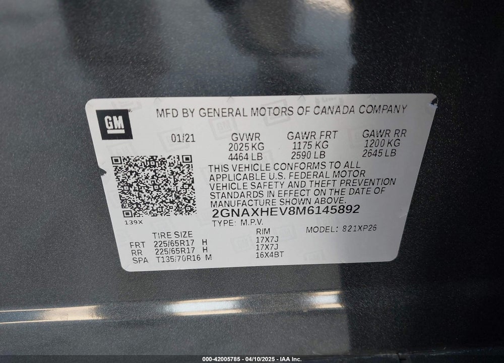 2021 CHEVROLET EQUINOX FWD LS VIN: 2GNAXHEV8M6145892