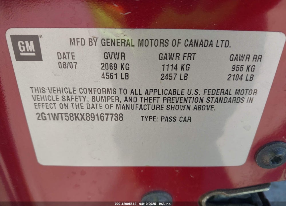 2008 CHEVROLET IMPALA LT VIN: 2G1WT58KX89167738
