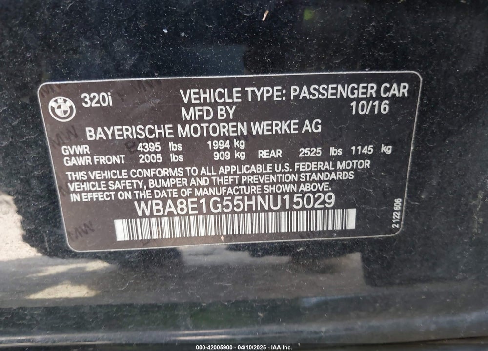 2017 BMW 320I VIN: WBA8E1G55HNU15029