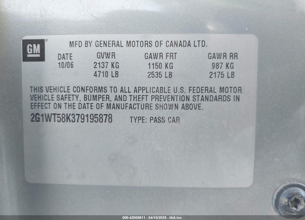 2007 CHEVROLET IMPALA LT VIN: 2G1WT58K379195878