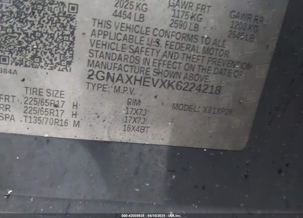 2019 CHEVROLET EQUINOX VIN: 2GNAXHEVXK6224218