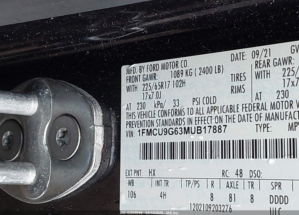 2021 FORD ESCAPE VIN: 1FMCU9G63MUB17887