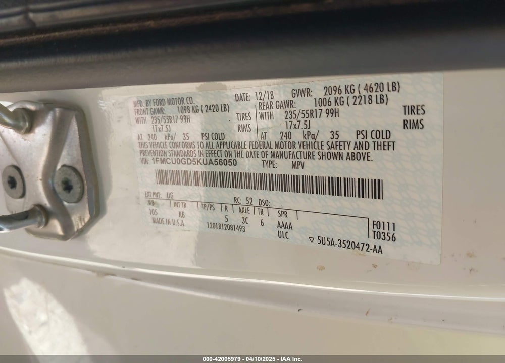 2019 FORD ESCAPE SE VIN: 1FMCU0GD5KUA56050