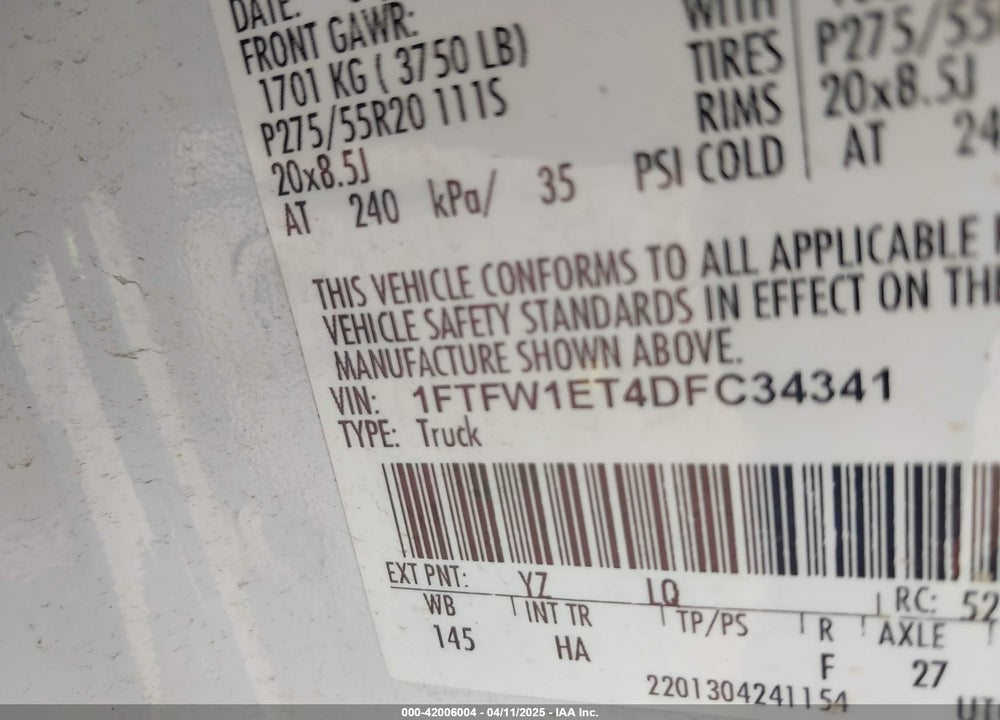 2013 FORD F-150 VIN: 1FTFW1ET4DFC34341