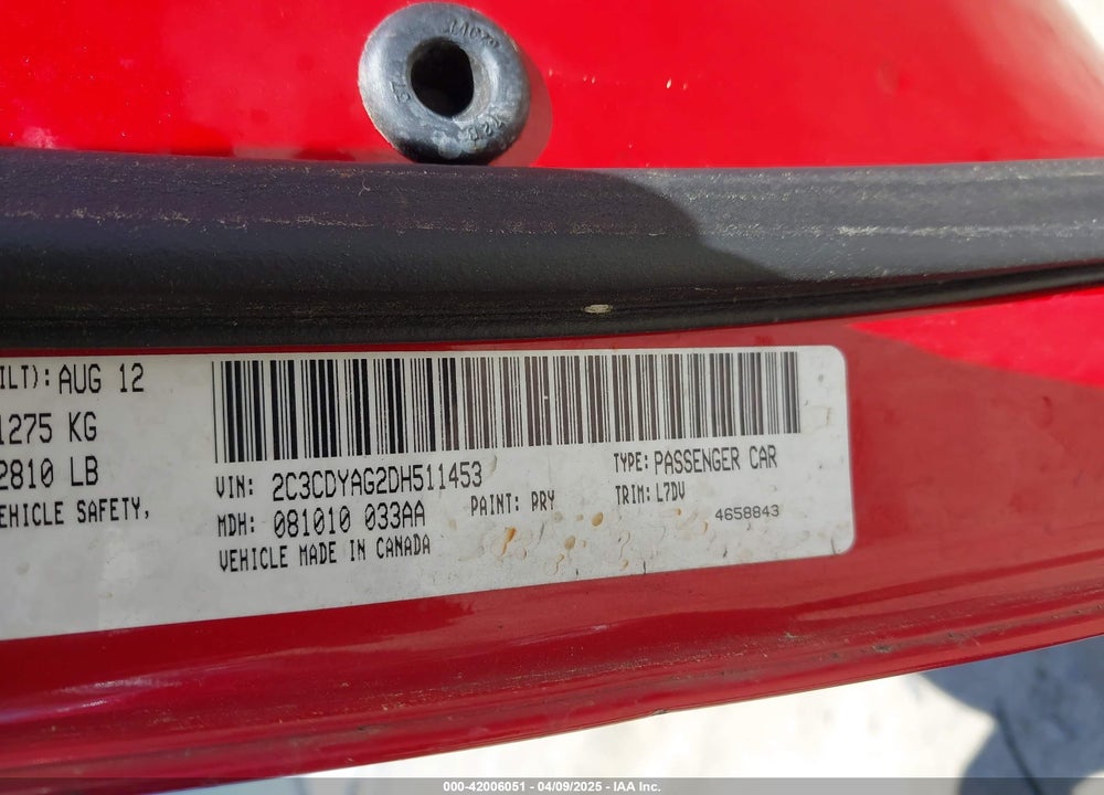 2013 DODGE CHALLENGER VIN: 2C3CDYAG2DH511453