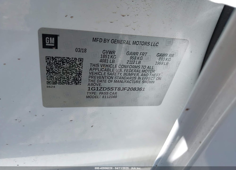 2018 CHEVROLET MALIBU LT VIN: 1G1ZD5ST8JF208361
