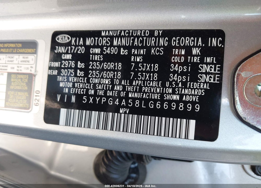 2020 KIA SORENTO 3.3L LX VIN: 5XYPG4A58LG669899