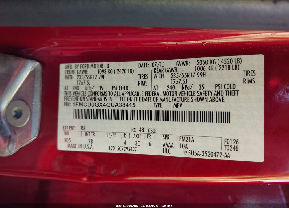 2016 FORD ESCAPE SE VIN: 1FMCU0GX4GUA38415