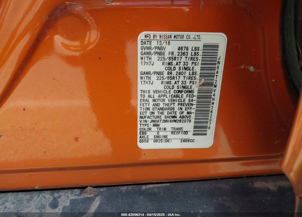 2017 NISSAN ROGUE VIN: JN8AT2MV4HW262078