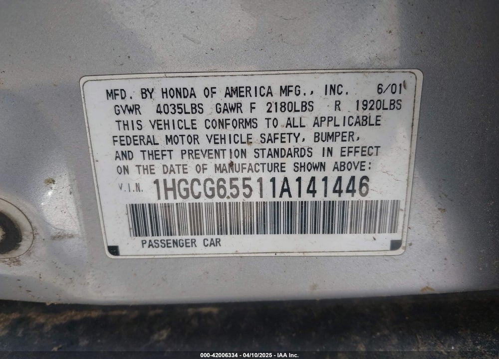 2001 HONDA ACCORD 2.3 LX VIN: 1HGCG65511A141446