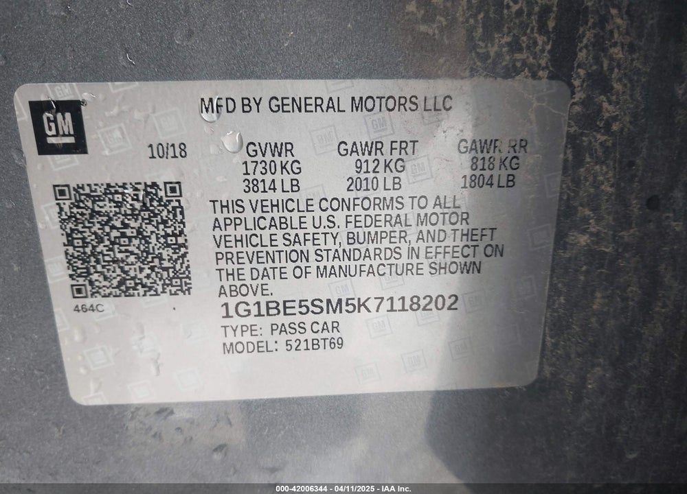2019 CHEVROLET CRUZE LT VIN: 1G1BE5SM5K7118202