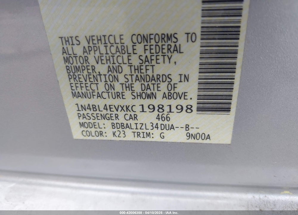 2019 NISSAN ALTIMA VIN: 1N4BL4EVXKC198198