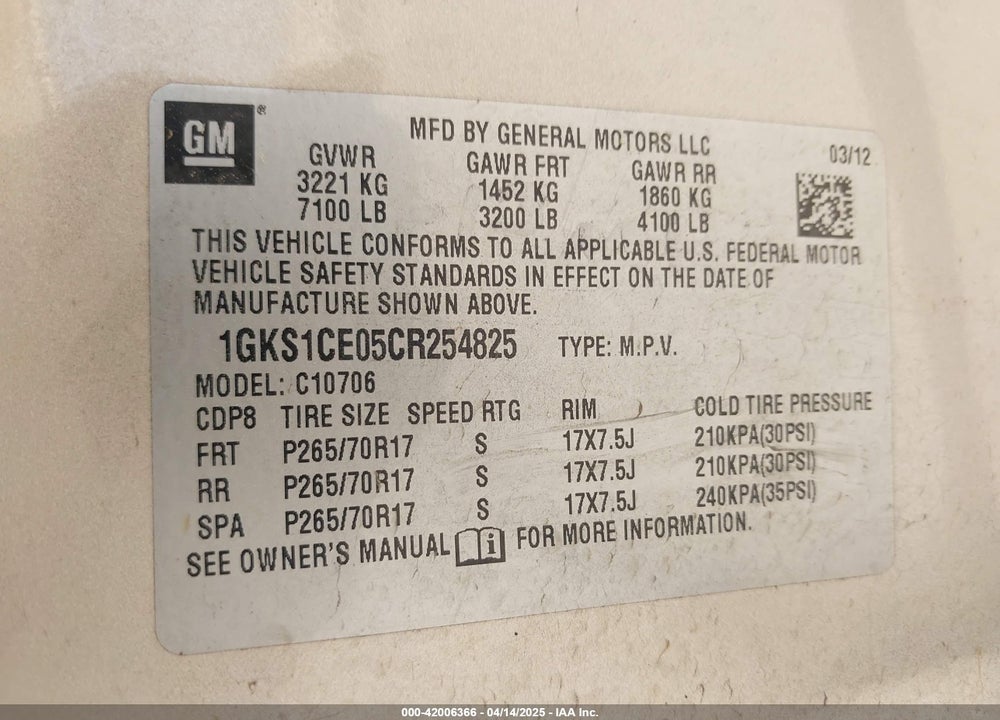 2012 GMC YUKON VIN: 1GKS1CE05CR254825
