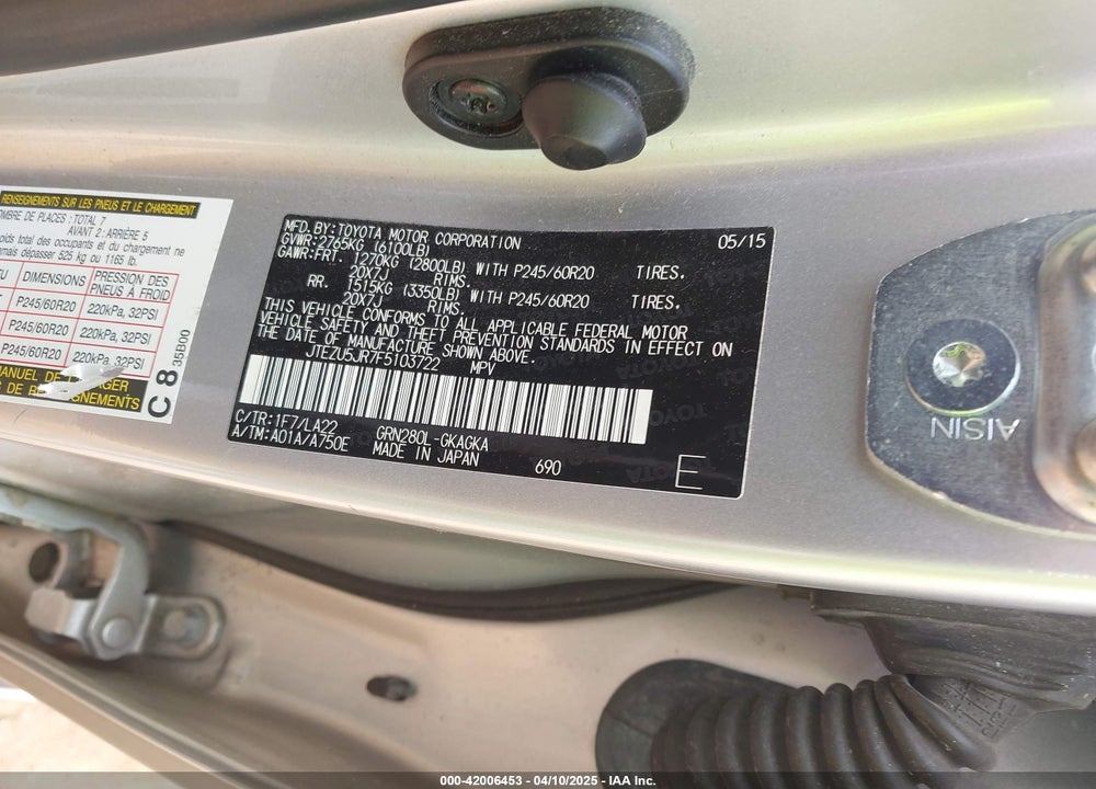 2015 TOYOTA 4RUNNER VIN: JTEZU5JR7F5103722